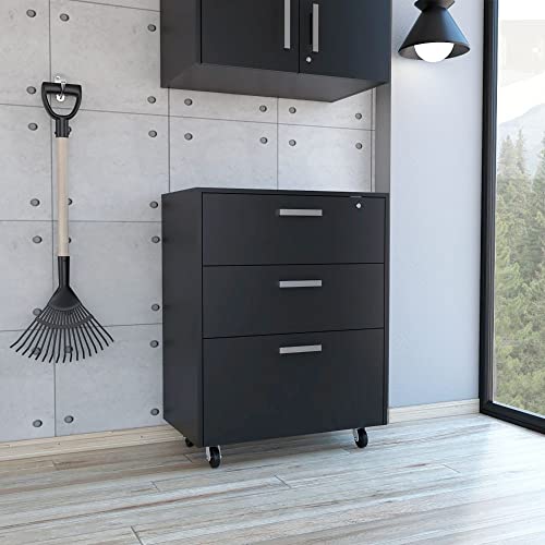 Penny Storage Cabinet with 3 Drawers, 4 Casters, and Padlock, Black