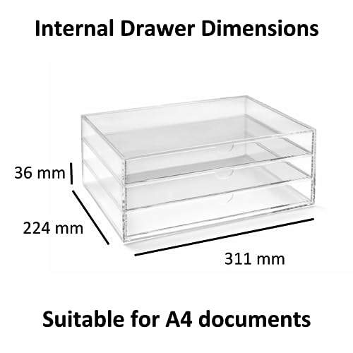 OSCO Landscape Clear Acrylic 3 Tier Paper Sorter, A4 Document Storage, Filing Drawers, Paperwork Organiser, Desk Tidy, Cosmetic Storage, Lego Sorter, Coffee Capsule Pods Holder