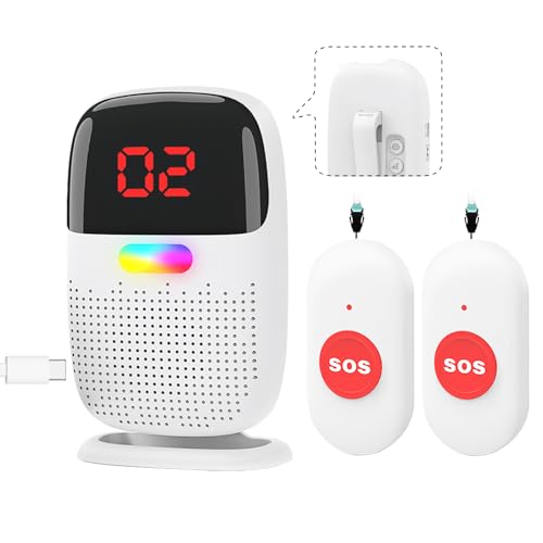 Caregiver Pager System with Digital Display for Elderly Assistance, Fall Prevention, and Nurse Calling，Wearable Wireless Pager for Patient Help at Home(1 Call Buttons + 2 Receivers)