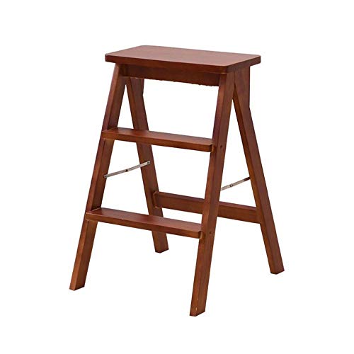 ZBSAVFM 3 Steps Wooden Ladder Stool Portable Folding Step Stool Kitchen Office Stair Chair Safety Stepladder Seats (Brown)