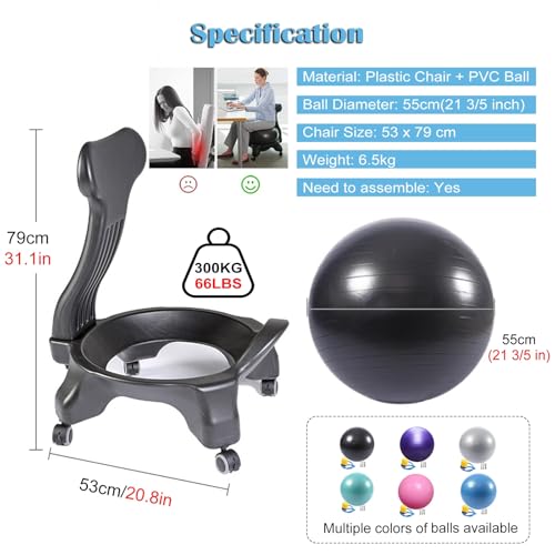RENLXFI Black Yoga Ball & Base Kit, Flexible Stability Ball Chair for Home Office Prolonged Sitting Workouts, Physiotherapy Sensory Ball Chairs with Locking Wheels