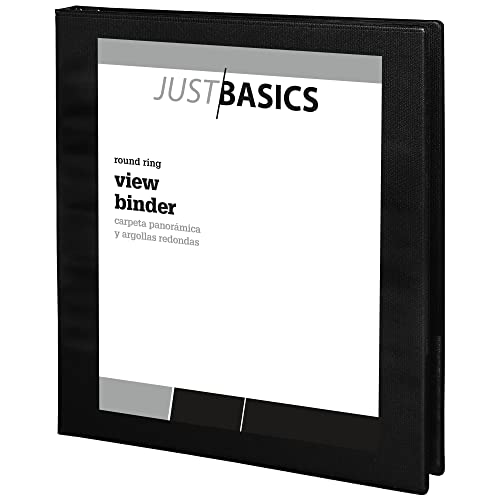 Just Basics Round-Ring View Binder, 1/2" Rings, 61% Recycled, Black, Pack of 12 Binders