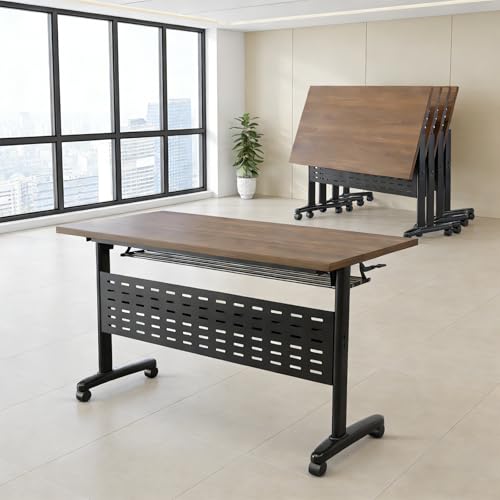 KaBuea Folding Conference Table, Meeting Room Mobile Table with Lockable Wheels, Heavy Duty Rectangular Training Table, Executive Boardroom Furniture for Offices, Reception, Boardroom