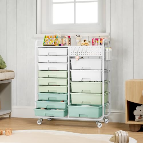 14 Drawer Rolling Storage Cart with Tabletop and Pegboard for Crafts Green