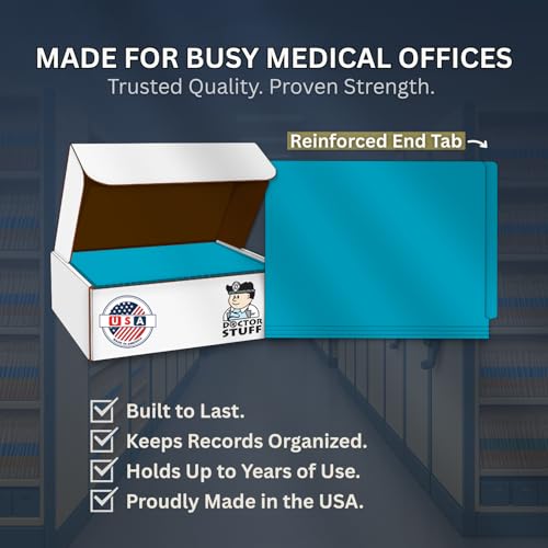 Teal File Folders, Doctor Stuff, Letter Size Reinforced End Tab Folder with 2" Bonded Fastener on Inside Back, 14 pt Stock, Carton of 250