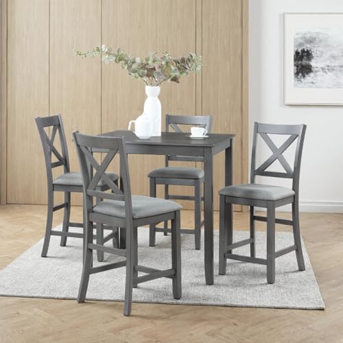 Trygoal Dining Table Set for 4, Modern Counter Height Kitchen Dining Set, Wooden Table and Chairs with Increase Height Square Table, 4 Upholstered Chairs with Foot Rail for Apartment, Home, Grey