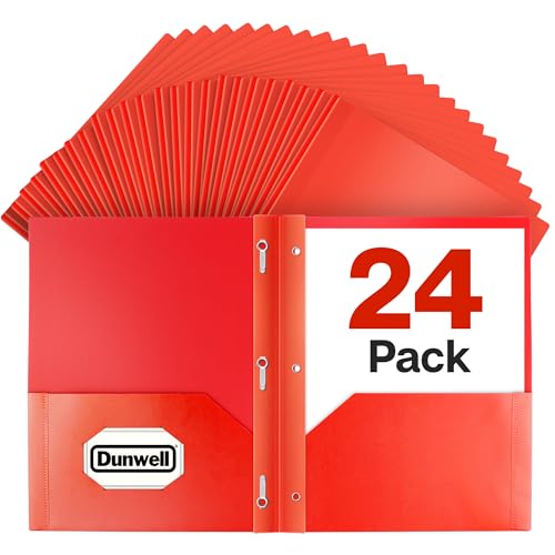 Dunwell Plastic 2-Pocket Folders with 3 Prongs, (24 Pack, Red), Durable Acid-Free Poly is Cleanable, Tear Resistant, 3-Clasp Document Holder, Labels Included
