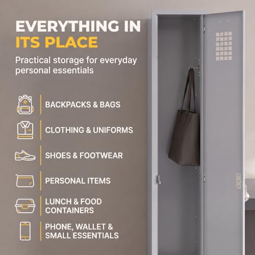 SunSierra 12” x 12” x 78” Single 1 Door Metal Locker - Grey Freestanding Steel Cabinet with Ventilated Lockable Compartments for Employee Storage, Breakroom, Gym, Office and School