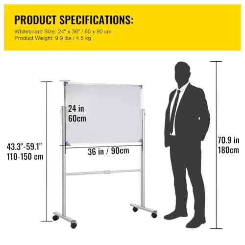 Mobile Magnetic Whiteboard 24x36 Inch Dual Side 360 Rotate with Wheels