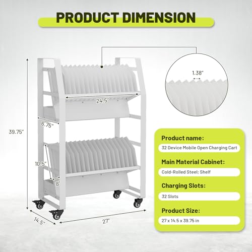 Laptop Mobile Charging Cart for 32 Devices with Cable Management, Storage