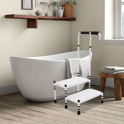 Step Stool with Handle, Adult Ramp with Handrail 21″L 2 Steps White, Metal Stepping Stool for Seniors