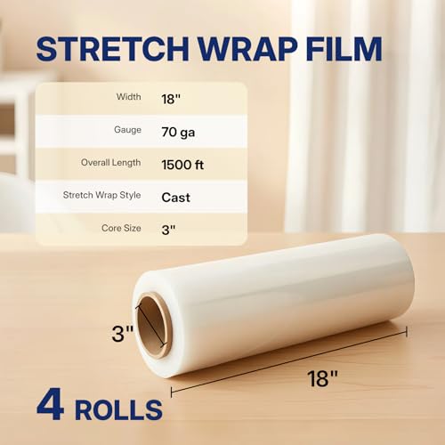 NorthSky Plastic Wrap Stretch Film - Industrial Strength up to 700% Stretch 20 Microns Clear Durable Adhering Packing Moving Heavy Duty Shrink Film Box of 4 (70 Gauge, 18'' x 1500’)