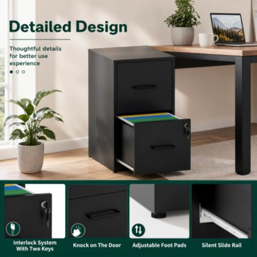 Daklpiw 2 Drawer File Cabinet with Lock, Require Assembly (Black)