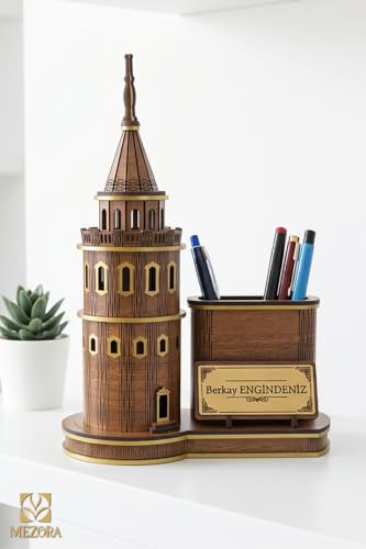 Personalized Walnut Galata Tower Desk Nameplate with Pen Holder | Wood Office Decor | Custom Engraved Gift for Professionals | Unique Desktop Organizer - Brown