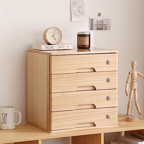 EliteBloom Flat File Cabinet Storage - Solid Wood Storage Box, Wooden Desktop Storage Box with Lockable Drawers, Office Supplies A4/Receipt File Organizer, 1/2/3/4 Tier with Lock (4 Drawer B)