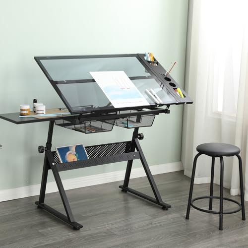Majnesvon 0-75° Tilting Drafting Table with Tempered Glass Tabletop, Professional Drawing Table with Stool for Sketching and Painting, Hobby Desk with 2 Storage Drawers & Side Strips (Black)