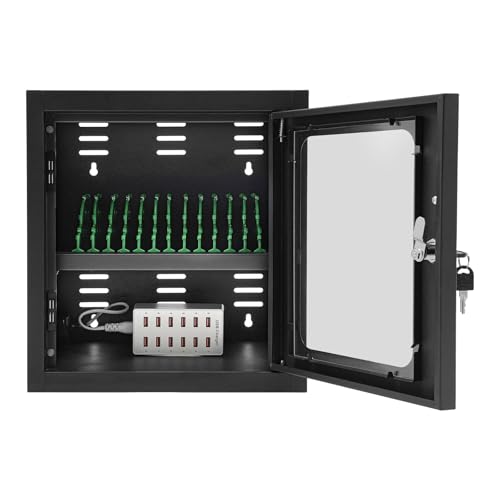 12-Device Charging Cabinet | Laptop Lock Box for iPad Tablet Fits 8" Screen | Locking Laptop Storage Box | with Cable Management and Charger Storage | for Classroom, Library, and Office (Black)