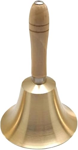 Hand Bell Extra Loud Solid Brass Call Bell， Rattle Bell with Wooden Handle School Bell Handheld Loud Call Bell for Table Hotel Counter Reception Restaurant Bar- 14cm