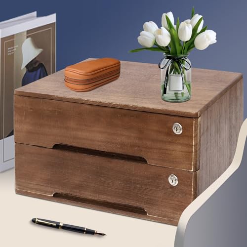 Kaichenyt Wooden Desk Organizer 2 Tier Solid Color Flat File Cabinet with Drawers & Lock & 4 Keys Modern Lockable Desktop Organizing Unit for Home Office Supplies File (Walnut)