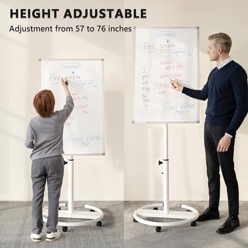 Rolling Whiteboard, Height Adjustable Dry Erase Board with Circular Stand, 36” x 24” Portable Mobile Magnetic White Board on Wheels, Standing Easel for Classroom, Office, Home School