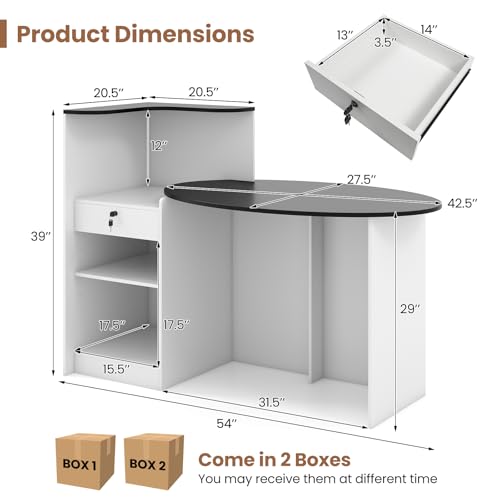 SILKYDRY Reception Desk, 54" Large Retail Checkout Counter with Lockable Drawer and Open Shelves, Wooden Front Desk Reception Counter, Oval Desktop & L Counter for Store Office Lobby Salon