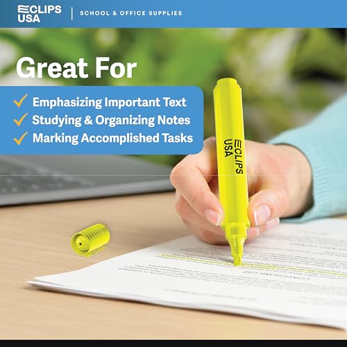 E-CLIPS USA Highlighters Bulk, Yellow Highlighter Markers, Chisel Tip, Fluorescent Yellow, Office Supplies, School Supplies (500 Pack)