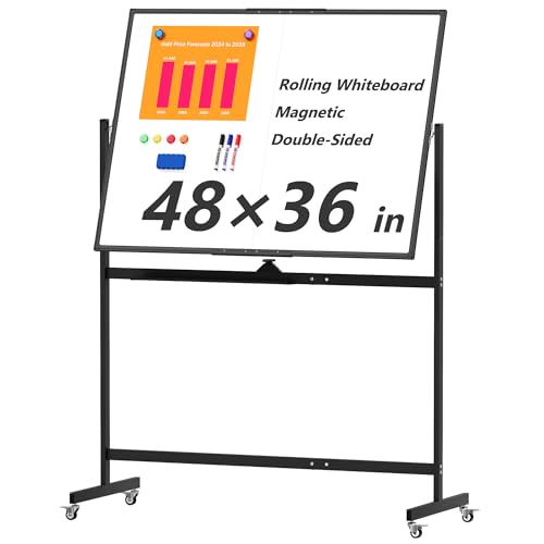 Large Rolling Whiteboard on Wheels, 48" x 36" Double-Sided Mobile White Board with Stand, 4' x 3' Portable Standing Magnetic Dry Erase Board Easel for Home Office Classroom School, Black