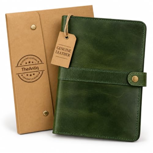 TheAntiq Genuine Leather A5 Journal Cover with Snap Closure – Handmade Refillable Notebook with Card Slots, Pen Holder, Travel Writing Diary for Office & Gift Use 5.75 x 8.25 (Green)