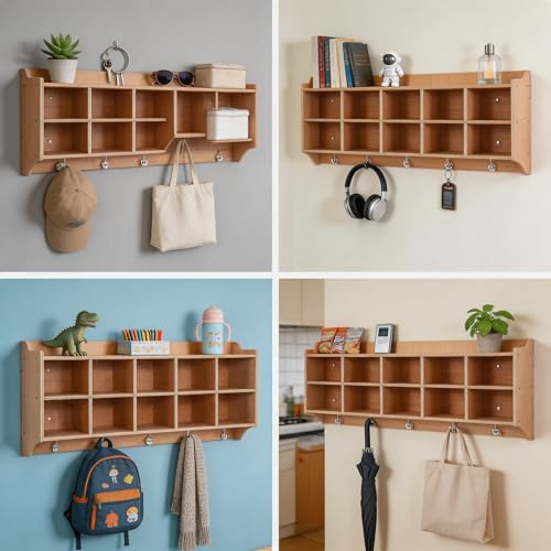 OUTLANE 10 Cubbies Storage Organiser,47" Width Daycare Shelves Shoe Rack with Hooks and Shelf, Wall-Mounted, Heavy-Duty Plywood Daycare Furniture for Children’s Toys and Classrooms