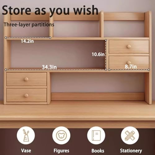 TBQATNTS Desktop Storage Rack, 3-Tier Wooden Display Shelf, Multipurpose Countertop Organizer with Drawer for Office, Living Room, Bedroom,Pine,31.5in
