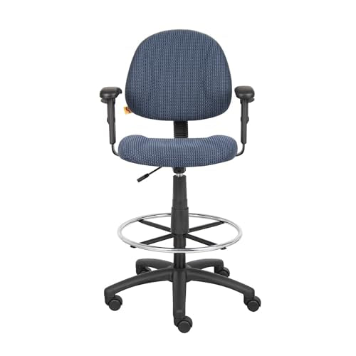 Benzara Jea Drafting Stool Chair, Adjustable Arms, Blue Tweed, Round Footring