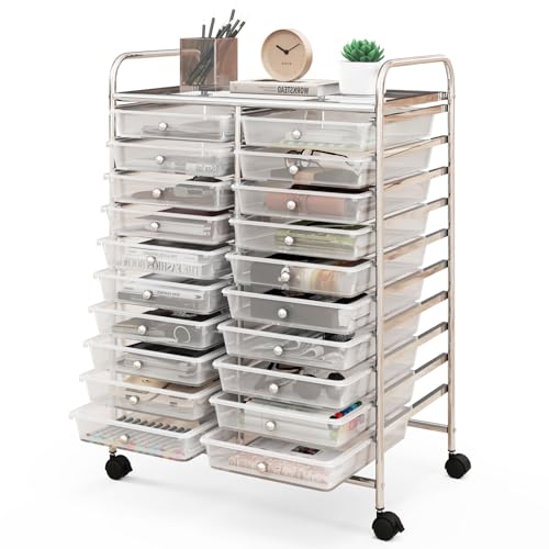 RELAX4LIFE 20 Drawer Rolling Storage Cart, Mobile Rolling Cart w/Drawers for School Classroom Teacher Office Home Salon, Paper File Art Supply Craft Organizer, Utility Cart on Wheels (Clear)