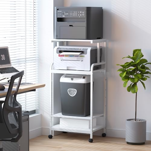 Arbuxzuy 4-Tier Printer Stand with Storage Shelf, Mobile Printer Table for Home Office, Adjustable Stand for Printer, Scanner, Fax (White)