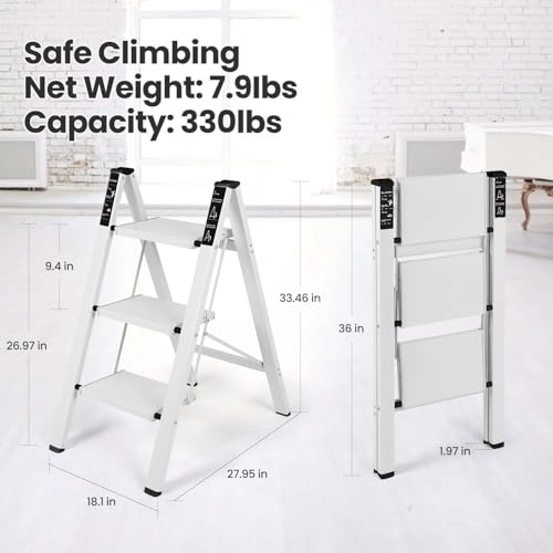 Dollate Aluminum 3 Step Ladder, Folding Step Stool with Non-Slip and Sturdy Wide Tread, Portable for Household and Kitchen, Foldable Step Stool, White, 330Lbs Ladders for Home