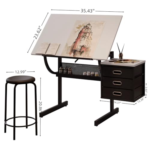 ZGLGKL Wood Adjustable Drafting Table with 3 Drawers (Black,35.42")