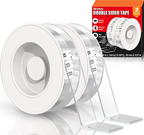 Wotec 2 Pack Extra Large Double Sided Tape Heavy Duty Removable 1.18 Inch x 160 Inch, Clear & Tough Nano Tape, Multipurpose Mounting Tape Picture Hanging Strips Adhesive for Poster Carpet