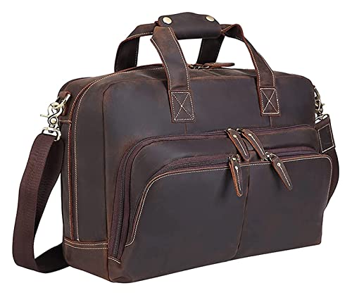 Crazy Horse Leather 17 Inch Laptop Bag Expandable Briefcase Classic Business Messenger Shoulder
