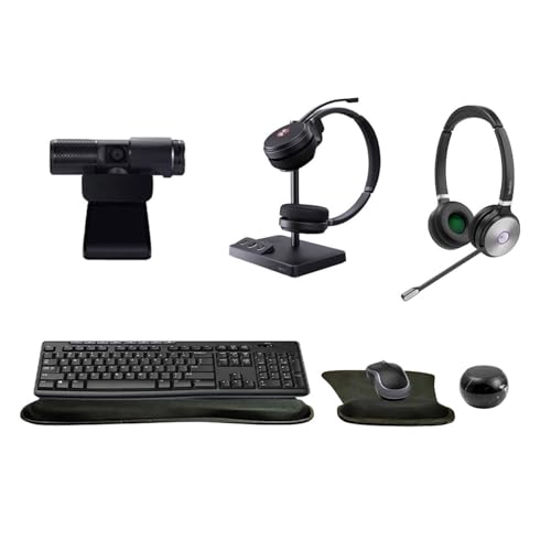 Yealink WH62 Dual Wireless Bluetooth Over Ear Headset, Bundle with Cam 313 2MP Webcam for Office, MK270 Wireless Keyboard and Mouse, Gel Wrist & Mouse Pad, Mini Speaker