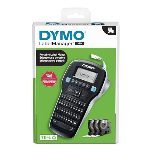 DYMO LabelManager 160 Label Maker Bundle with 3 D1 Label Cassettes, Portable Handheld, QWERTY Keyboard, One-Touch Smart Keys, Large Display, Home & Office Organization