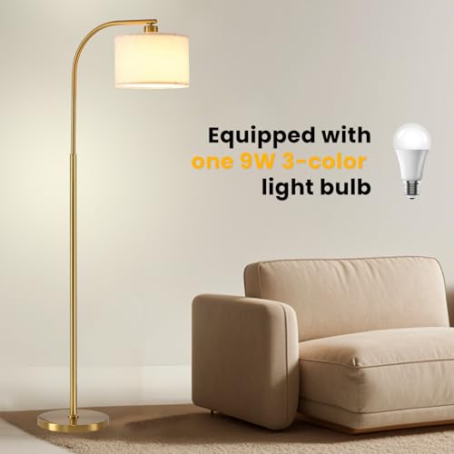 KQW Tall Floor Lamp for Living Room,65'' Modern Standing Lamps with 9W LED Bulb,Elegant Floor Light with Fabric Shade,Gold Tall Lamp for Bedroom Office Study Room Corner Dining Room