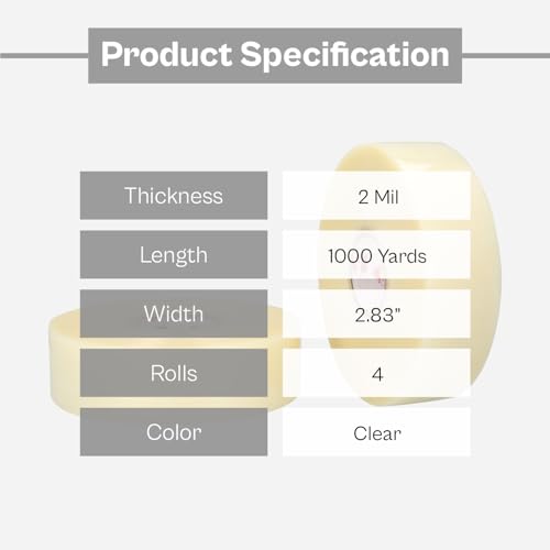 SHIELD TAPE Machine Length Packing Tape, 2.83 Inch x 1000 Yards, 4 Rolls, Clear, 2.0 Mil, 3 Inch Core, Packaging Tape for Commercial Refill, Industrial, Shipping