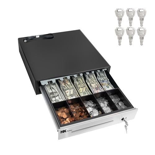 HK SYSTEMS 16inch "Stainless Steel" Front Heavy Duty Black POS Cash Drawer with 5Bill/5Coin