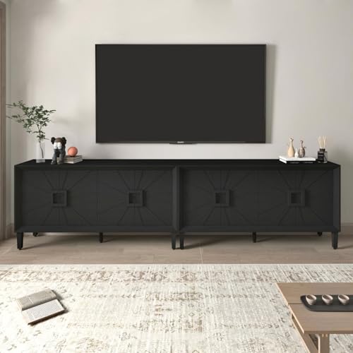 WEALTHKING Industrial Style 4-Door Wooden Credenza with Arc Base & Vintage Clasps - Versatile Storage Cabinet for Living Room, Entryway Console or Home Office Furniture (Black,C)