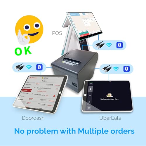Delivery Platform Thermal Printer 3” 1/8 PaperWidth POS Cash Register Dual Bluetooth WiFi USB Support Print Receipt Ticket Ubereats Doordash Grubhub Postmates APP for Food ToGo take out away Shop