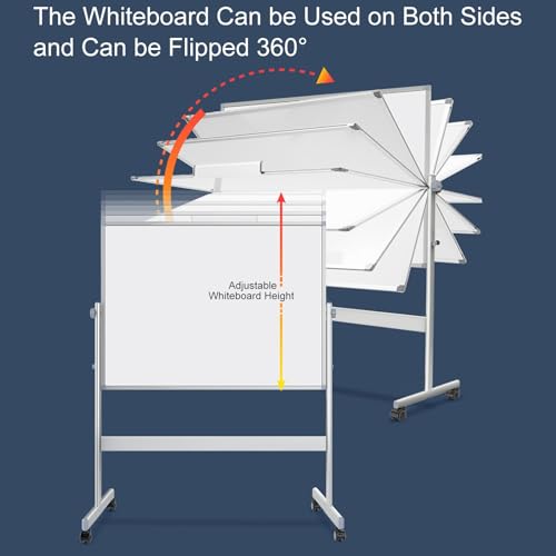 Dry Erase Board with Stand, Double Sided White Board Magnetic, Big Rolling Whiteboard on Wheels, Adjustable Height and Angle(White,90x60cm/35x24in)