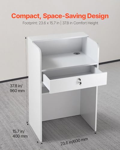 VEVOR Reception Desk, 23.6 inch Rectangular Front Counter Table, Modern Office Reception Desk with Drawer, Small Minimalist Retail Counter Table for Checkout, Lobby, Beauty Salon and Office, White