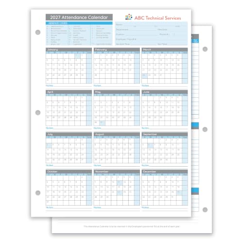 Blue Summit Supplies 50 Employee Attendance Calendars, 2027, 3 Hole Punched-Custom Print