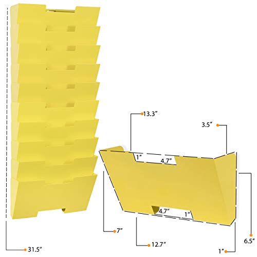Wallniture Lisbon 10-Tier Metal Wall File Holder Organizer for Organization and Storage, Yellow Office Decor and Magazine Holder