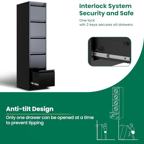 5 Drawer File Cabinet with Lock, Metal Vertical File Cabinets for Home Office, Office Furniture for Organization Hanging Legal/Letter/A4, Office File Cabinet Storage Cabinet, Require Assembly, Black