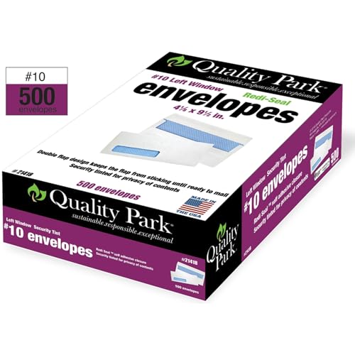 Quality Park #10 Left Window Security Tinted Envelopes with A Self Seal Closure for Standard Business Mailings, 24 lb. White Wove, 4-1/8" x 9-1/2", 500 Per Box (QUA21418)